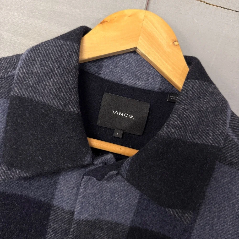 Vince Splittable Shirt Jacket Navy Grey Buffalo Plaid Wool Blend Italian Small